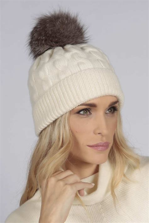 cashmere beanie with pom pom.